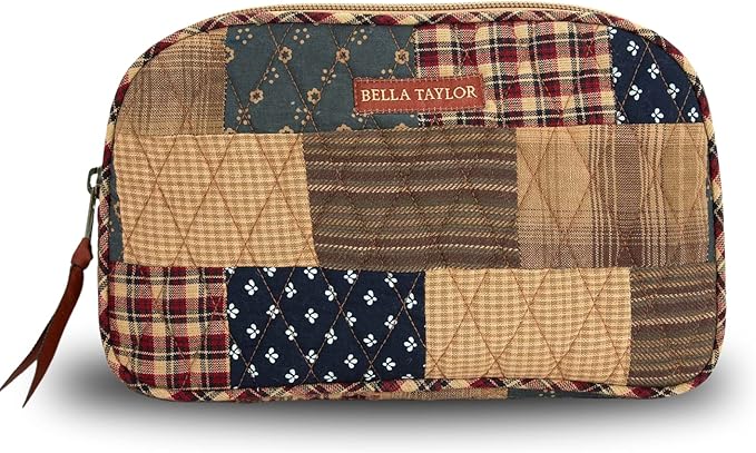 Bella Taylor Large Quilted Cotton Makeup Pouch for Women, Travel Cosmetic Bag, Quilted Cotton Primitive Patch Navy, Red and Tan Patchwork