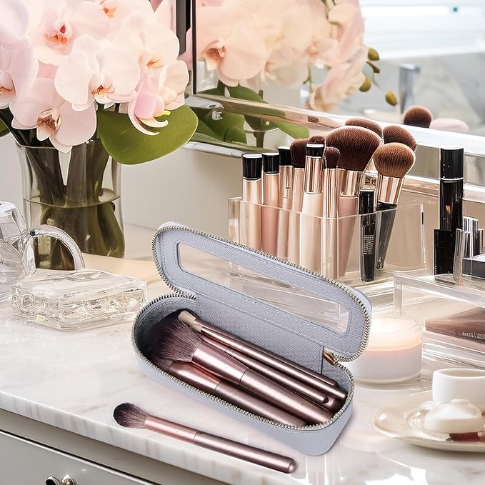 Makeup Brush Case Clear Travel Cosmetic & Toiletry Bag Slim Makeup Bag with Zipper Small Purse Organizer Car Essential Bag for Women (Gray, SLIM-3)