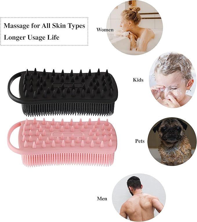 2 PC Silicone Exfoliating Body Scrubber, 2 in 1 Silicone Body Shampoo Brush, Soft Silicone Loofah for Sensitive Skin, Shower Silicone Hair Scalp Massager, Easy to Clean, Lather Well (Black&Pink)