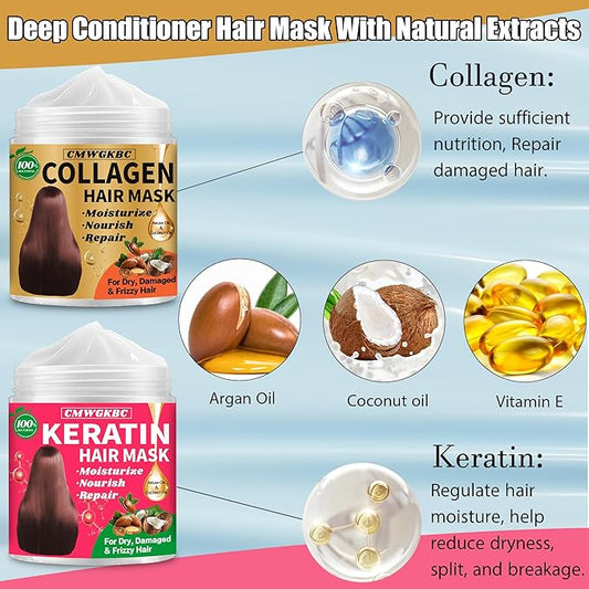 Collagen Hair Mask & Keratin Hair Mask for Damaged Hair,Keratin Hair Treatment,Repair Deep Conditioner for Dry Hair,Vitamin E Natural Hydrating Hair Mask with Argan Oil All Hair Type,Hair Care Gifts