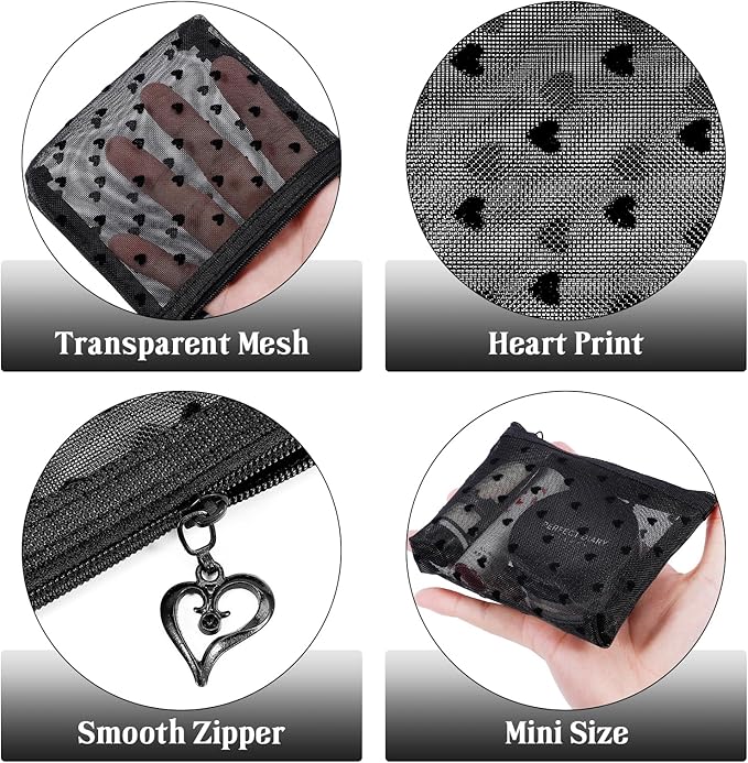 6 Pack Mini Zipper Mesh Makeup Bags, Heart Print Nylon Cosmetic Bags Toiletry Bags for Office Travel Organization (Widened-Black, XS)