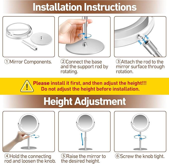 Magnifying Mirror with Light 20X, Height-Adjustable Lighted Makeup Mirror with Magnification, Double - Sided Aluminum Alloy LED Mirror, 3 Lighting Modes Ideal for Desk Bathroom Makeup, Silver