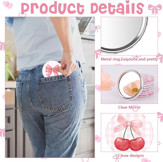 24 Pcs Coquette Pink Bow Compact Mirror Bulk Women Portable Round Mini Pocket Mirrors 12 Styles Pink Bow Aesthetic Makeup Mirror for Bridal Shower Grad Party Favors Birthday Gifts