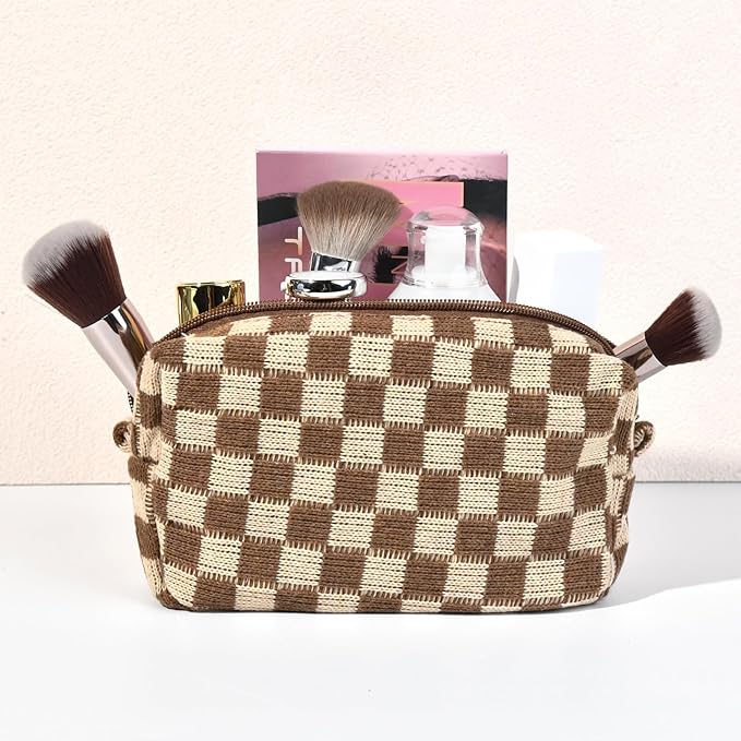 6 Pcs Preppy Makeup Bag Bulk Checkered Cosmetic Bag Brown Makeup Pouch Personalize Travel Toiletry Bag Organizer Cute DIY Makeup Brushes Storage Bag for Women