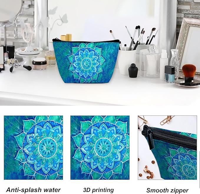 Makeup Bag Abstract Blue Mandala Cosmetic Bag for Women, Waterproof Large Capacity Travel Toiletry Organizer 9.5×5.9 Inch