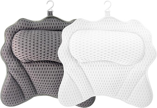Bath Pillow, Ergonomic Luxury Bathtub Pillow for Tub Head,Neck, Shoulder and Back Support, Headrest with Soft 4D Mesh Fabric and 6 Strong Non-Slip Suction Cups, 2 Pack (Grey+White)