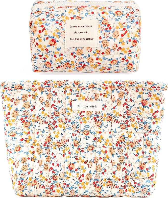 2 Pieces Floral Makeup Bag, Cute Travel Quilted Pouch Cosmetic Bag Organizer, Small Cotton Coquette Aesthetic Purse Toiletry Bag for Women Girls accessories (Red Flower-2PCS)