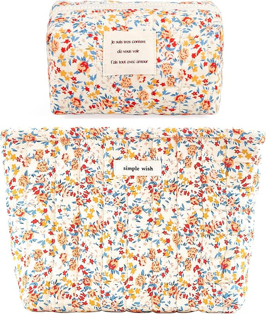 2 Pieces Floral Makeup Bag, Cute Travel Quilted Pouch Cosmetic Bag Organizer, Small Cotton Coquette Aesthetic Purse Toiletry Bag for Women Girls accessories (Red Flower-2PCS)