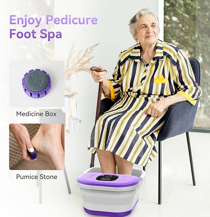 Foot Spa Bath Massager with Heat, Collapsible Foot Massager Spa Soaking Tub with Bubbles, Red Light, Pumice Stone, Shiatsu Massage Rollers, Pedicure Foot Spa for Relaxation, Gifts(Purple)