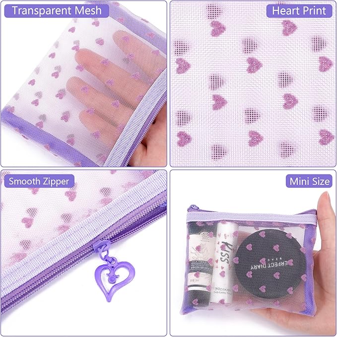 6 Pack Mini Zipper Mesh Makeup Bags, Heart Print Nylon Cosmetic Bags Toiletry Bags for Office Travel Organization (Purple, XS)
