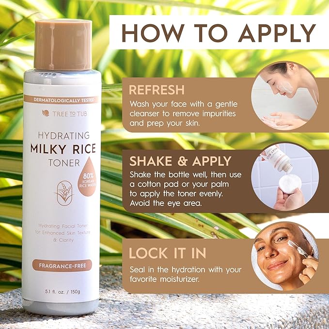 Tree To Tub Rice Toner Korean Formula for Face to Enhance Skin’s Natural Glow w/Ceramide NP & Niacinamide - 80% Rice Bran Water Hydrating Toner for Dry, Dehydrated Skin
