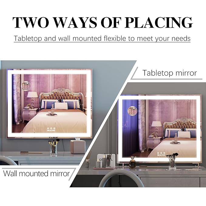 BEAUTME Vanity Mirror with Lights,Hollywood Mirror,Mirror with Lights,Tabletop Makeup Mirror with Lights,Tabletop/Wall Mounted,Horizontal/Vertical,23.6x20 Inch,Silver