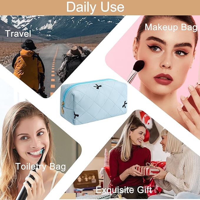 Makeup Bag Travel Cosmetic Bag for Women Girls, Zipper Make Up Pouch, Floral Flowers Toiletry Organizer Makeup, Portable Storage Cosmetic Travel Cloth Bag (Sky Blue)