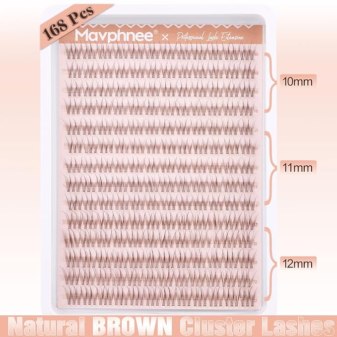 Mavphnee Brown Lash Clusters Natural Cluster Eyelash Extensions 10-12MM C-Curly Lash Extension Individuals 168 Pcs DIY Self Application Lash Extension Clusters for Beginners