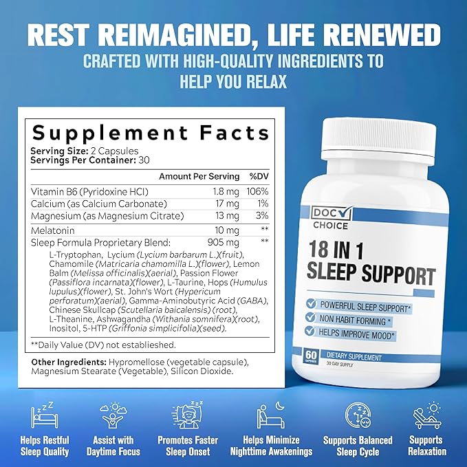 Doc Choice - 18 in 1 Sleep Support New for Adults Total Formula | Mood, Sleep, Restfulness Support | 18 Research Backed Ingredients | Melatonin, Magnesium, GABA, Ashwagandha & More - 60 Caps