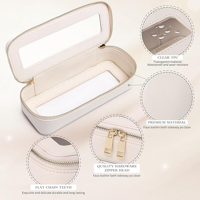 Makeup Brush Case Clear Travel Cosmetic & Toiletry Bag Small Makeup Bag with Zipper Purse Organizer Car Essential Bag for Women (Beige, SLIM)