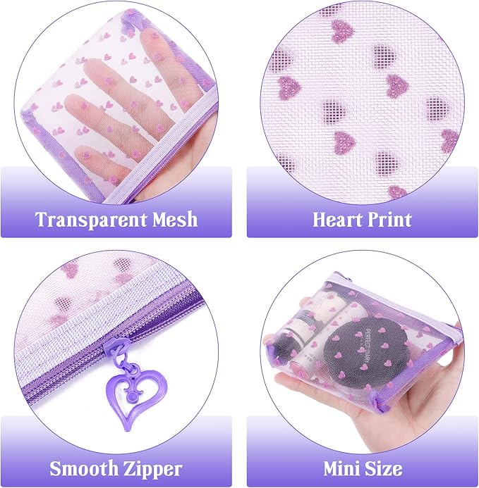 6 Pack Mini Zipper Mesh Makeup Bags, Heart Print Nylon Cosmetic Bags Toiletry Bags for Office Travel Organization (Widened-Purple, S)
