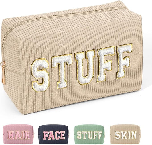 MAGEFY Corduroy Makeup Bag Small Makeup Bag for Purse with Compartments Cute Makeup Pouch Cosmetic Bag for Women Friends Preppy Gifts (Beige, STUFF)