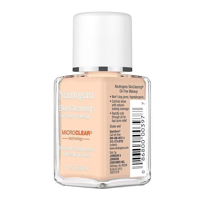 Neutrogena SkinClearing Oil-Free Acne and Blemish Fighting Liquid Foundation with.5% Salicylic Acid Acne Medicine, Shine Controlling Makeup for Acne Prone Skin, 40 Nude, 1 fl. oz