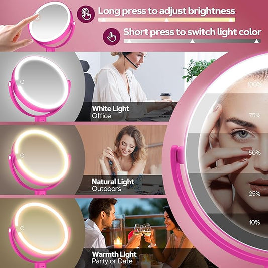 B Beauty Planet Makeup Mirror with Lights, Lighted Magnifying Mirror 20X with 3 Lighting and Adjustable Brightness, 2-Sided Height Adjustable Vanity Mirror for Bathroom, Gifts for Women Hot Pink