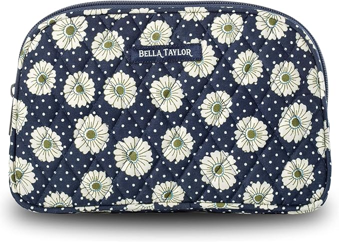 Bella Taylor Large Quilted Cotton Makeup Pouch for Women, Travel Cosmetic Bag, Quilted Cotton Dotted Daisy Navy Floral