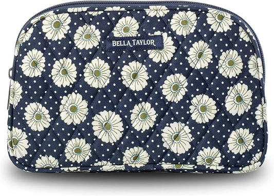 Bella Taylor Large Quilted Cotton Makeup Pouch for Women, Travel Cosmetic Bag, Quilted Cotton Dotted Daisy Navy Floral