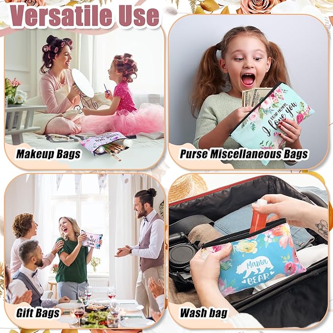 Meanplan 24 Pieces Mother's Day Makeup Bags Bulk Mom Gifts Canvas Cosmetic Purse Organizer Zipper Cosmetic Pouch Portable Travel Toiletry Pouch Mother's Day Gifts Women Birthday Retirement