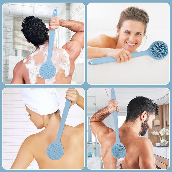 OWIIZI Extremely Soft Silicone Back Brush for Shower with Rich Lather, Reversible Body Bath Brushes Scrubber with Long Handle Skin Exfoliator for Women Elderly Wet Use