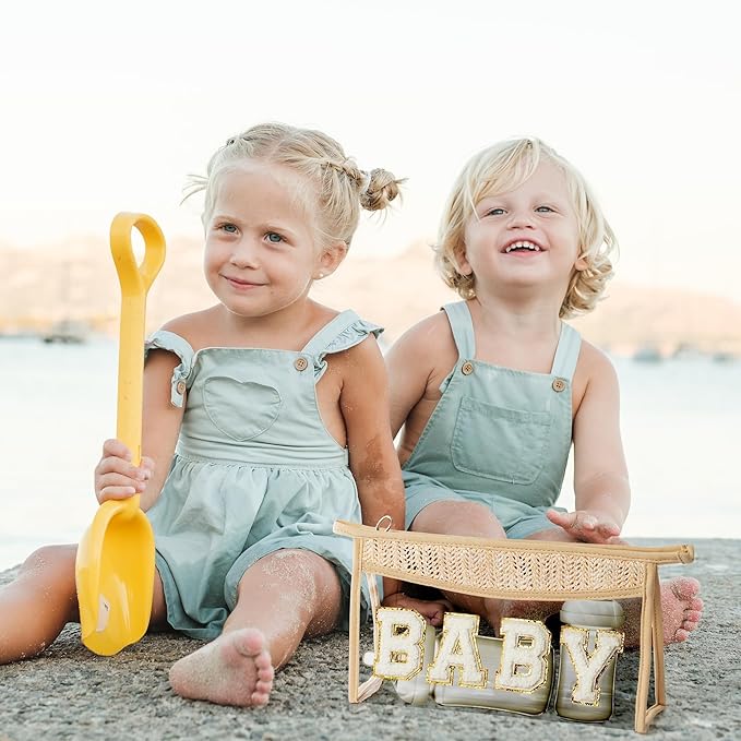 Boho Patch Cosmetic Bag - Summer Gifts BABY Chenille Varsity Letter Toiletry Kit Beige Clear Waterproof Travel Makeup Bag PVC Zipper Clutch Daily Use Purse for Mom Women Girls Wife