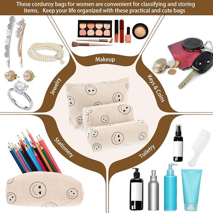 3 Pcs Makeup Bag Set for Women Corduroy Cosmetic Pouch Aesthetic Smile Travel Toiletry Bag Cute Purse Pouch Pencil Case Makeup Brushes Storage Organizer for Christmas(Beige,Smile Face)