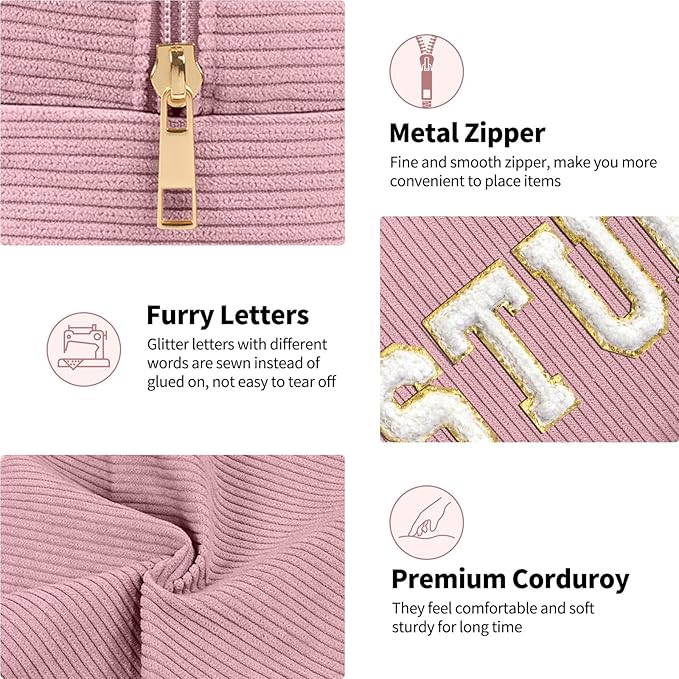 MAGEFY Corduroy Makeup Bag Small Makeup Bag for Purse with Compartments Cute Makeup Pouch Cosmetic Bag for Women Friends Preppy Gifts (Pink, STUFF)