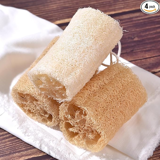 KADS Natural Loofah Sponge, Unbleached, 4 Pcs Luffa in Bulk, Eco Friendly Deep Clean Exfoliating Bath Scrubber for Adults, Men and Women Shower and Body Skin Care (12cm Length)