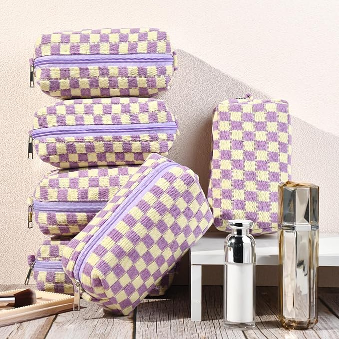 6 Pcs Preppy Makeup Bag Bulk Checkered Cosmetic Bag Purple Makeup Pouch Personalize Travel Toiletry Bag Organizer Cute DIY Makeup Brushes Storage Bag for Women