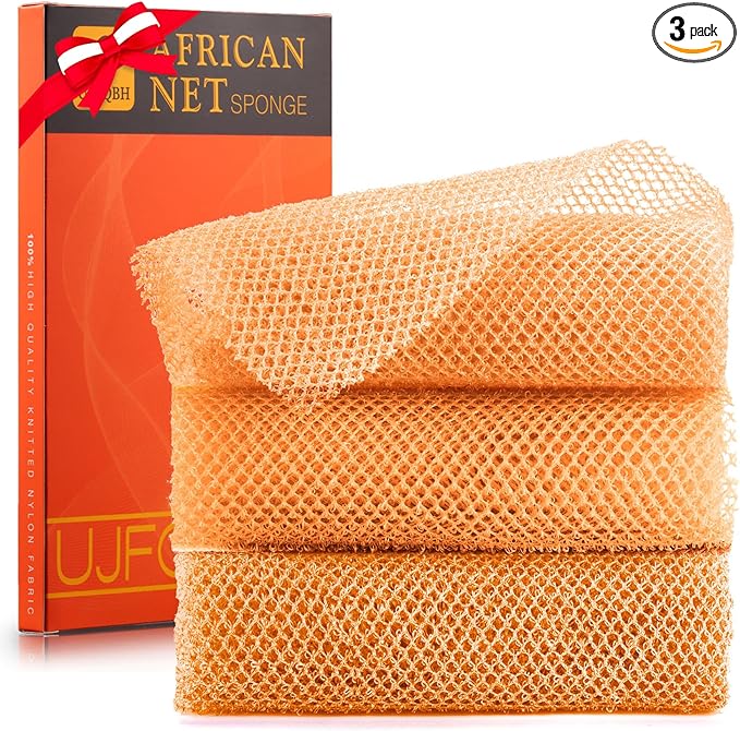 3 Pieces African Bath Sponge African Net Long Net Bath Sponge Exfoliating Shower Body Scrubber Back Scrubber Skin Smoother,Great for Daily Use (Yellow,Yellow,Yellow)