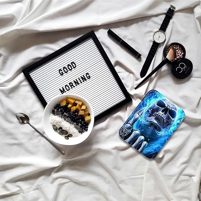 Blue Flame Skull Fingers Folding Travel Mirror Vanity Mirror PU Leather Portable Adjustable Rectangular Ultrathin Makeup Mirror,for Travel, Camping,Home