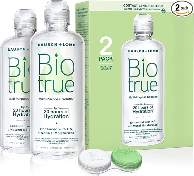 Biotrue Contact Solution, Multi-Purpose Solution with Lens Case, Cleans, Conditions, Hydrates, Disinfects, Removes Protein, Dirt & Debris, Contact Lens Cleaner & Storage, 10 Fl Oz (Pack of 2)