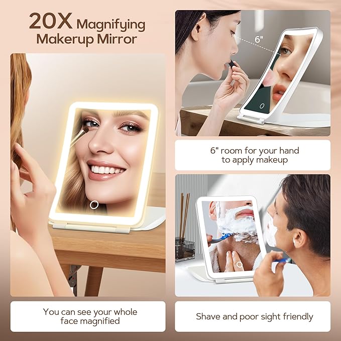 2 in 1 64 LED Travel Magnifying Mirror with Light, Portable 20X/1X Lighted Makeup Mirror with Rechargeable 1000mAh Battery, 3 Colors Dimmable Lighting Folding Cosmetic Vanity Mirror
