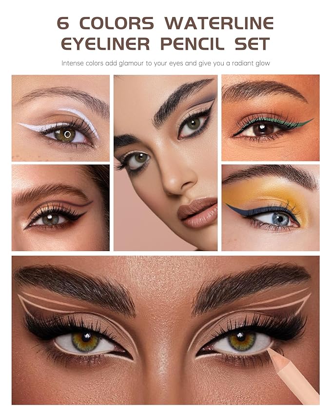 6 Colors Eyeliner Gel Pencil Set, Waterproof Smudge proof Long Lasting Rich Color, Nude Black Brown White Blue Green Eye Liner Pencil Waterline, Multi-Use Cream Eyeliner Brightener Pen with Sharpener