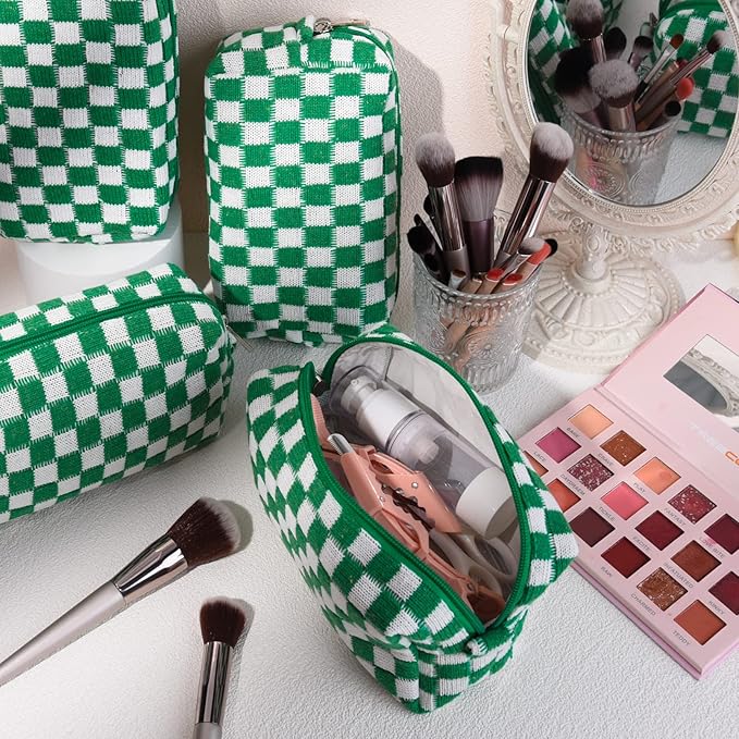 6 Pcs Preppy Makeup Bag Checkered Cosmetic Bag Bulk Green Makeup Pouch Personalize Travel Toiletry Bag Organizer Cute DIY Makeup Brushes Storage Bag for Women