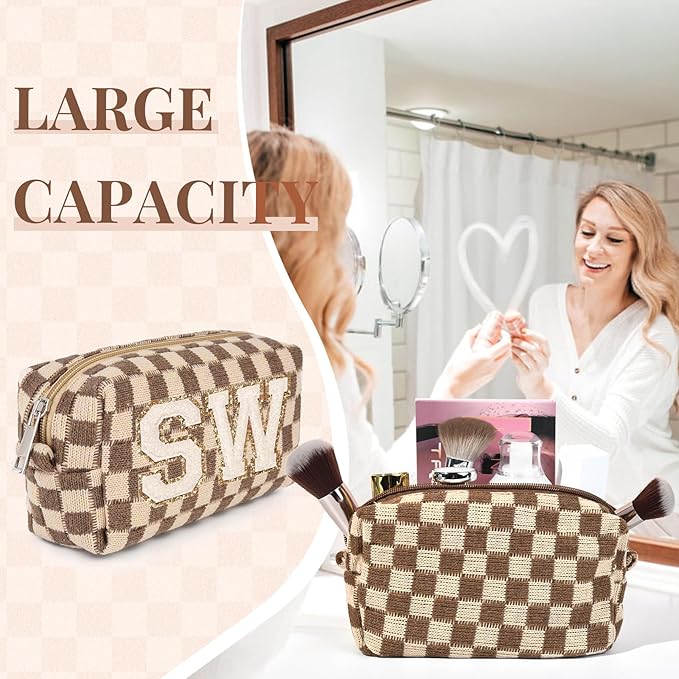 6 Pcs Preppy Makeup Bag Bulk Checkered Cosmetic Bag Brown Makeup Pouch Personalize Travel Toiletry Bag Organizer Cute DIY Makeup Brushes Storage Bag for Women