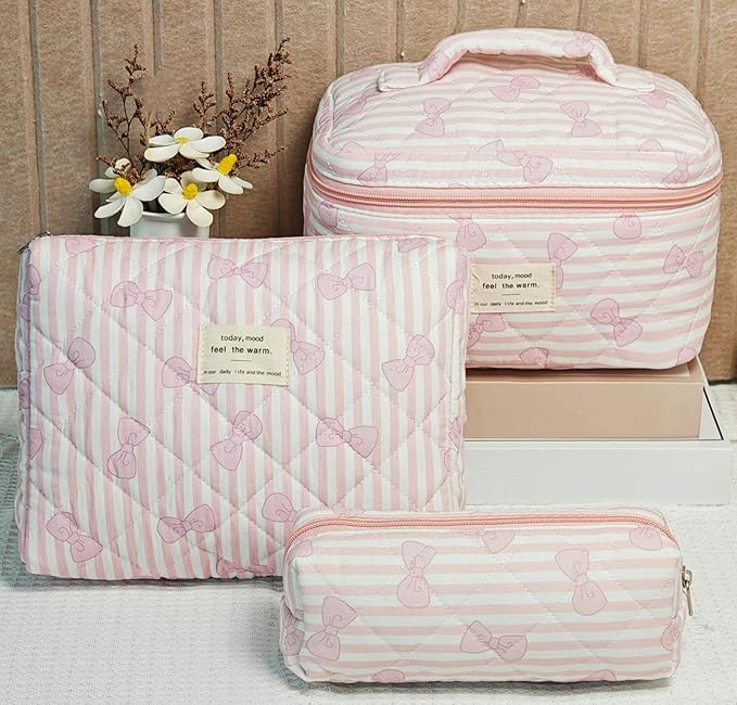 3 Pcs Quilted Makeup Bag Set,Coquette Bow Make Up Bag,Cute Floral Makeup Bags Large Toiletry Cosmetic Bag Organizer for Women Girls (N-3PCS)