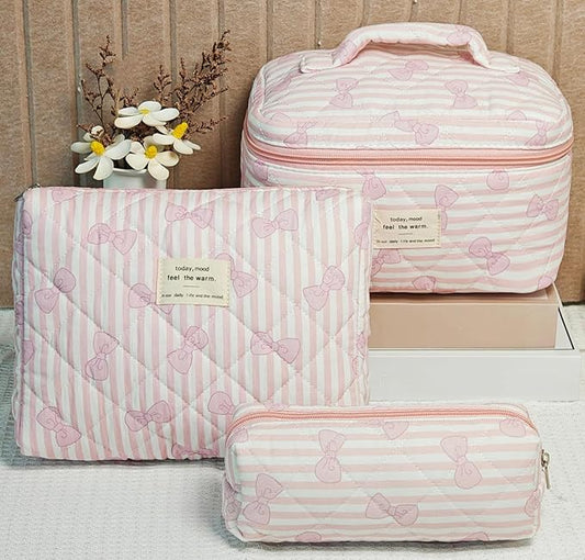 3 Pcs Quilted Makeup Bag Set,Coquette Bow Make Up Bag,Cute Floral Makeup Bags Large Toiletry Cosmetic Bag Organizer for Women Girls (N-3PCS)