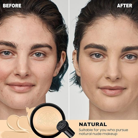 Mushroom Head Air Cushion CC Cream Foundation- Brightening Color Changing Foundation for Older Women, Moisturizing Full Coverage Self Adjusting Concealer Long-Lasting, Natural Finish (Natural)