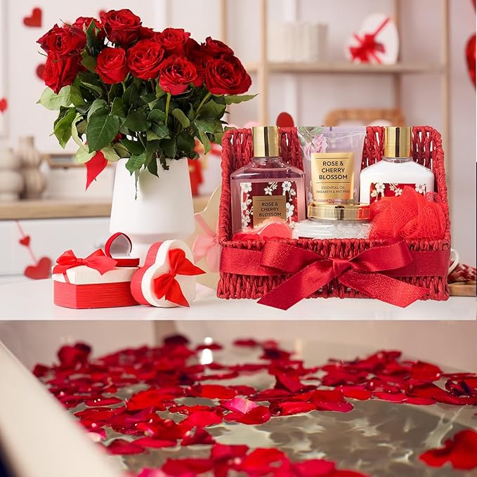 Bath and Body Gift Basket Set for Mothers Day - 9 Pcs Luxury Rose Spa Gift Basket Set for Women, Gift with Bath Bomb | Perfect Valentine's, Birthday, Christmas Gifts for Her, Gift for Mom All Occasion