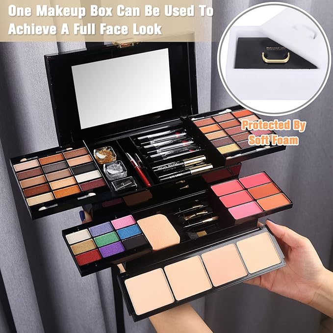 Professional Makeup Kit for Women Girls Full Kit with Mirror 58 Colors All in One Make up Gift Set Included Eyeshadow,Compact Powder,Blusher,Lipstick,Eyebrow Pencil,Gitter Gel,Eyeliner,Mascara (Y)