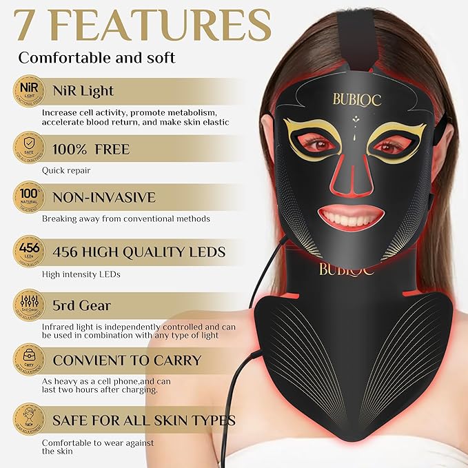 Red Light Therapy Mask Set, Five-Level Brightness Adjustment for Face and Neck, 630nm Infrared Light + 850nm Near-Infrared LED Therapy Phototherapy, Portable Mask with Power Storage, Black
