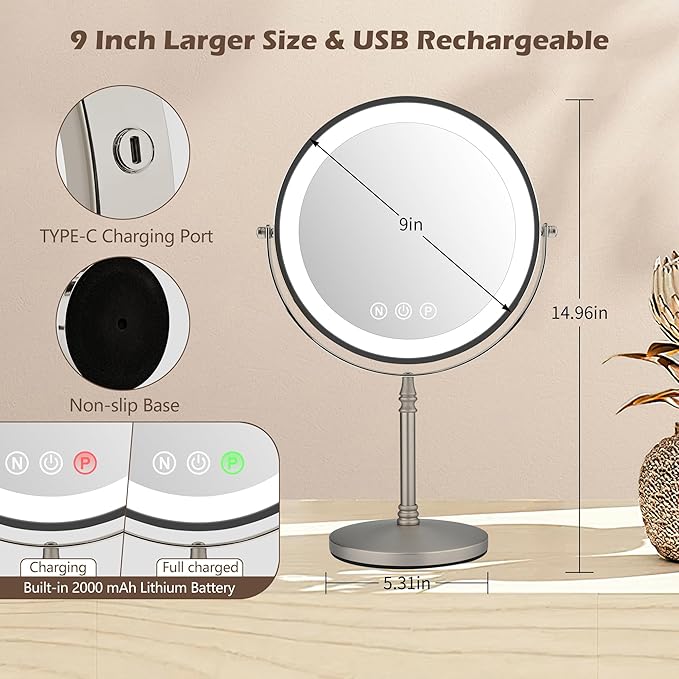 9" Large Makeup Mirror with Lights, 1X/10X Magnifying Vanity Mirror with 3 Colors Dimmable Lightning, 80 LED Lights, 360°Rotation Double Sided Standing Lighted Makeup Mirror Nickel