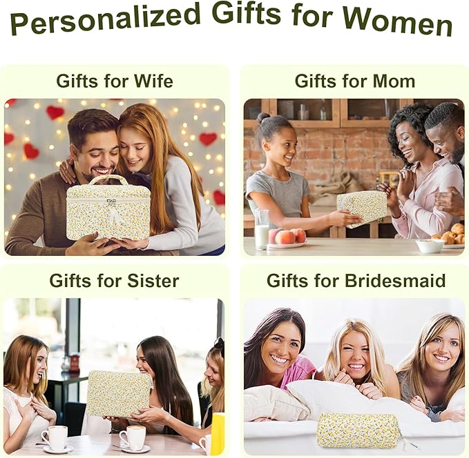 4Pcs Quilted Makeup Bag Set Cute Floral Cosmetic Bag Cotton Coquette Make up Bag Aesthetic Travel Toiletry Bag for Women Girls