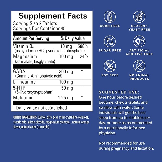 BRAINMD Put Me to Sleep Naturally - 90 Chewable Tablets - with Melatonin, L-Theanine, Magnesium, GABA, Vitamin B6 & 5-HTP - Gluten Free - 45 Servings