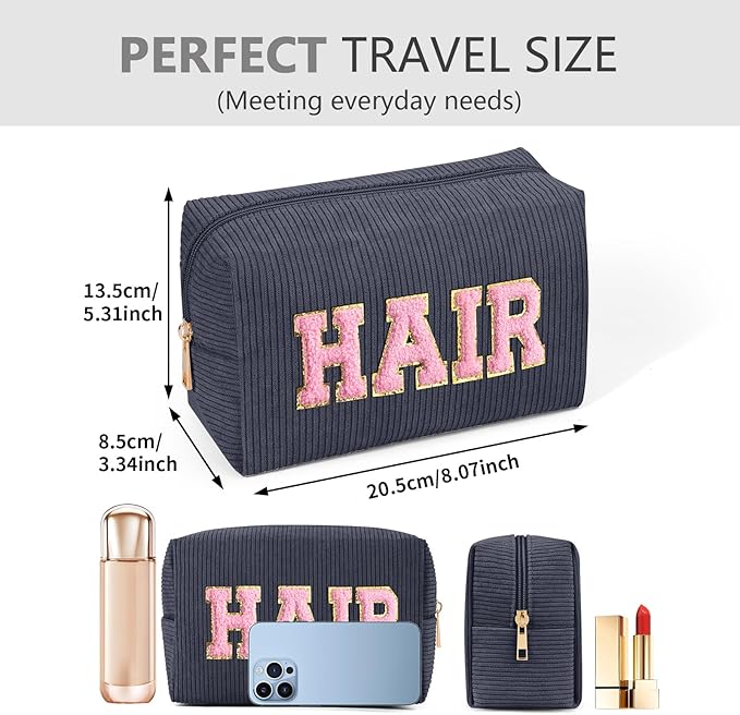 MAGEFY Small Makeup Bag for Purse Portable Makeup Pouch with Compartments Corduroy Make up Bag for Women Travel Cosmetic Essential (Dark Gray, HAIR)